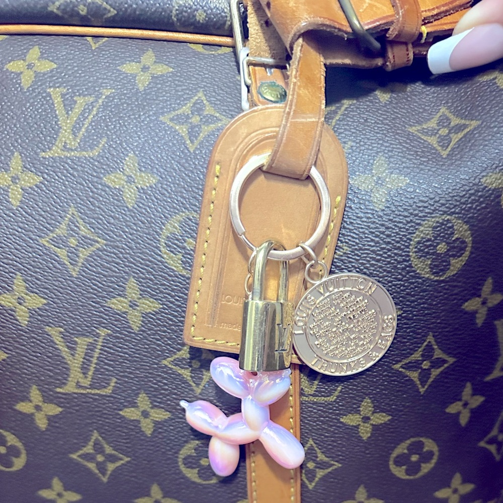 Louis Vuitton Bag Charm Gold with LV Luggage Tag and LV PadLock and Pink Balloon